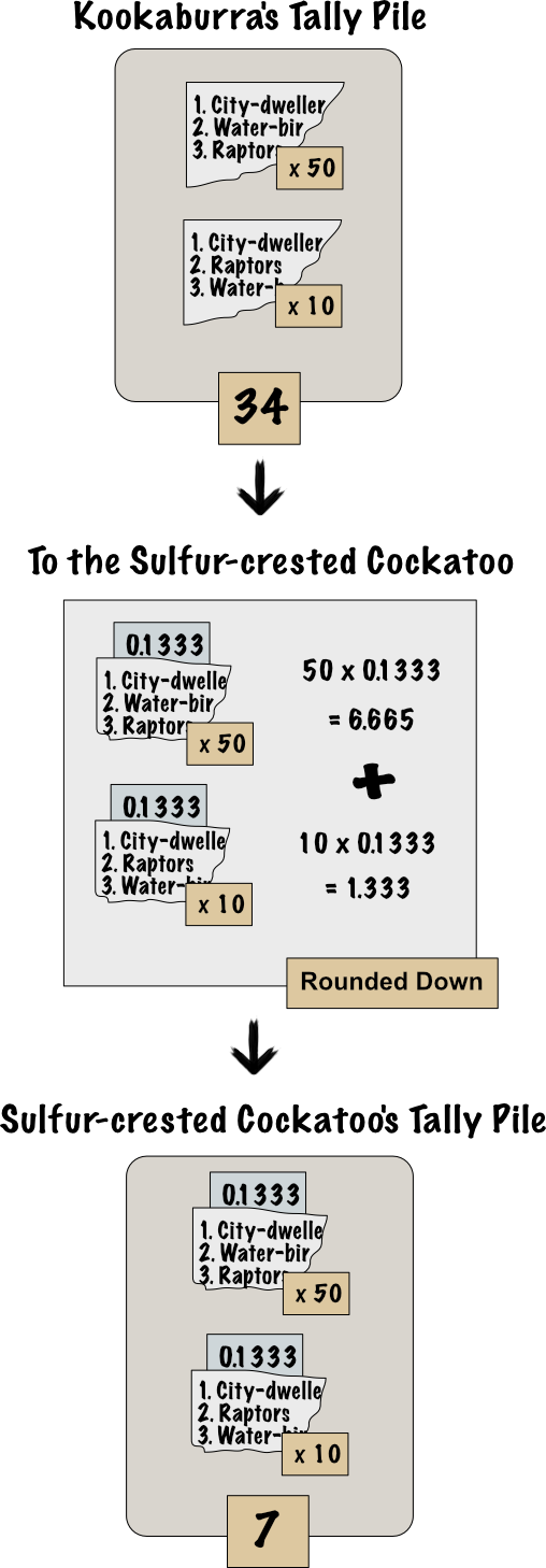 The 60 ballots in the Kookaburra's tally pile move to the Sulfur-crested Cockatoo with a total value of 7 votes. The Sulfur-crested Cockatoo's tally is now 7 votes.