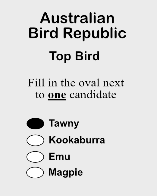 A first past the post ballot paper for Top Bird containing a vote for the Tawny