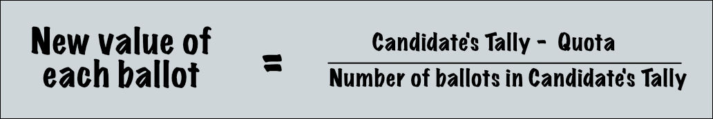 The new value of each ballot is equal to the total number of votes in the candidate's tally pile minus the quota all divided by the total number of ballots in the candidate's tally pile.